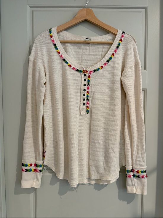 We The Free Tops - We The Free Cream Waffle Knit Top with Multicolor Trim